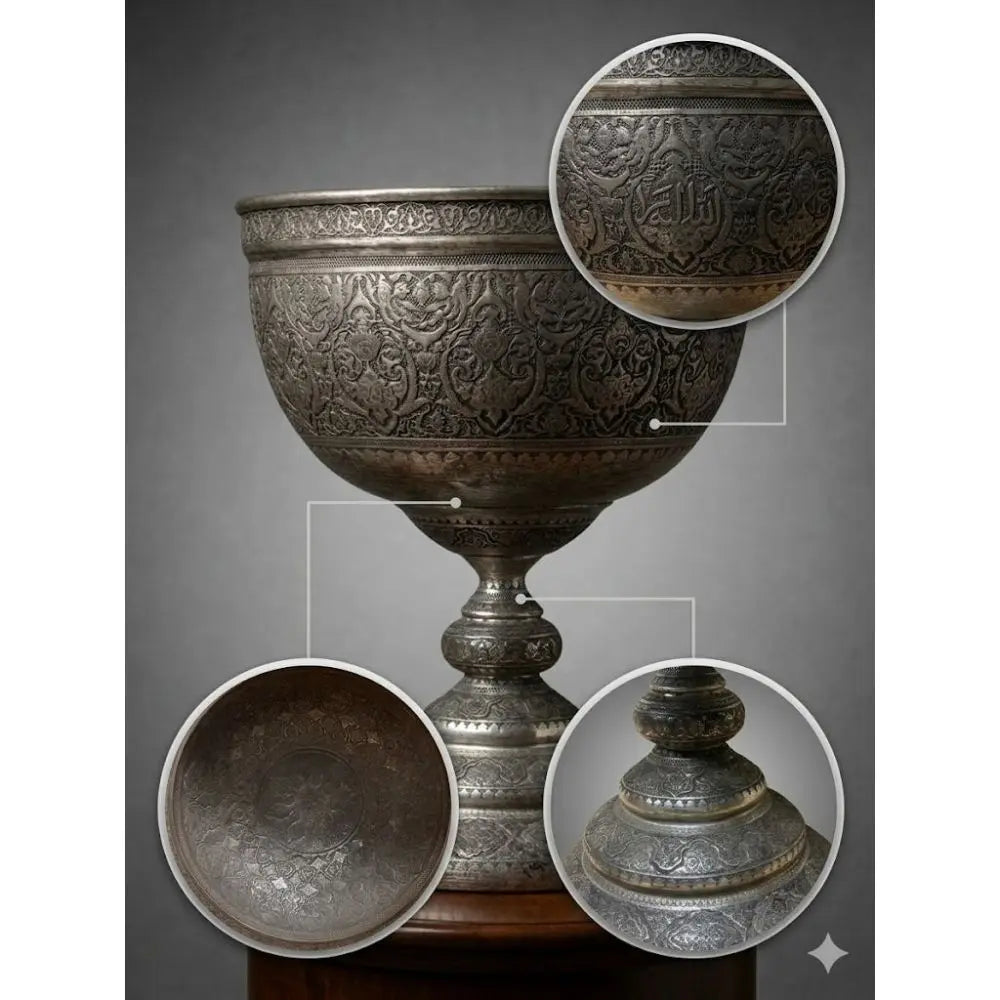 Exquisite Pair of Hand-Engraved Persian Footed Bowls